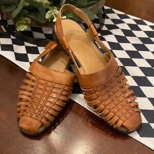 Pesáro “Peggy” Cognac Slip-on Vintage-Inspired Strappy Leather Sandals Boho